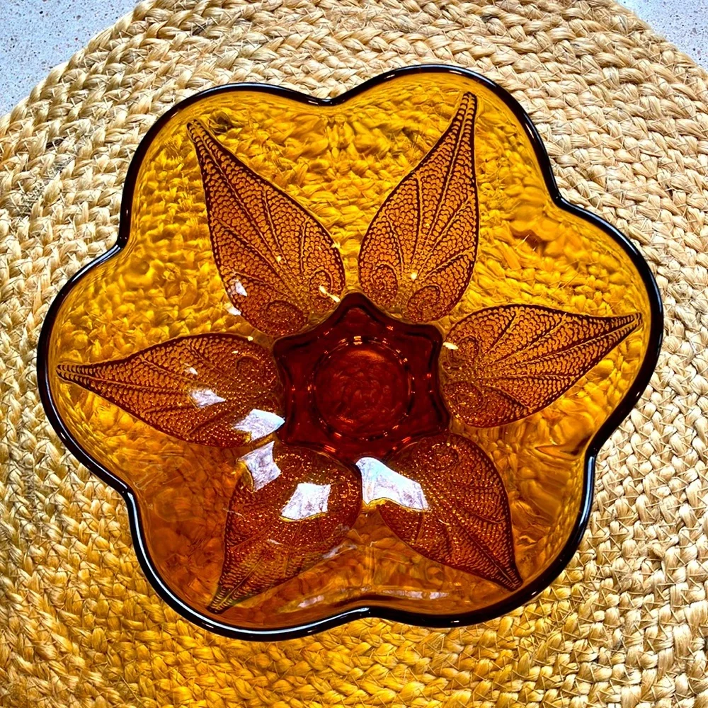 Vintage Amber Bowl with Leaf Pattern